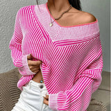Women Knitted Sweater Autumn and Winter V-neck Loose Sweater Striped Pullover Sweater Top