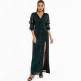 Women Evening Gown Sexy Retro Green Sequins Dress Long Dress