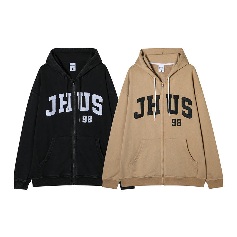 Men Hoodie Vintage Letter Embroidered Terry Coat