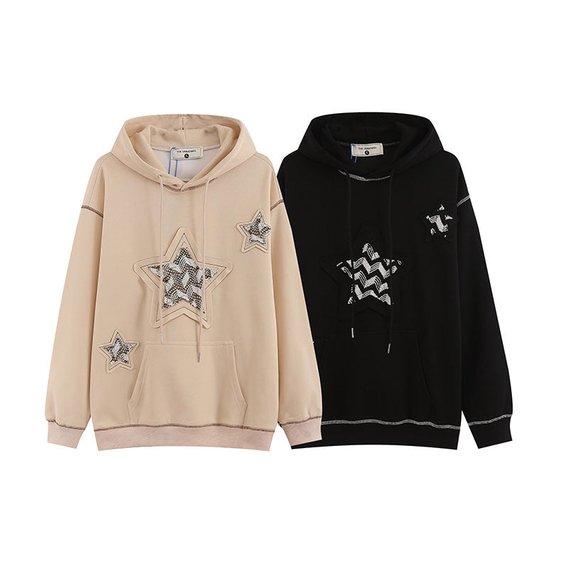 Men Hoodie Five-Pointed Star Embroidered Patch Couple's Tops Loose Casual Hooded Sweater