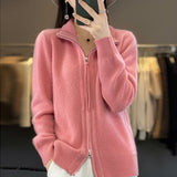 Women Knitted Cardigan Lapel Double Zipper Long Sleeve Women's Autumn and Winter Loose Knitted Coat