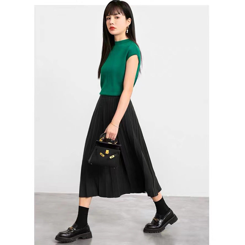 Women Knitted Skirt Pleated Skirt Women's Autumn and Winter High Waist A- line Skirt Retro Long Skirt