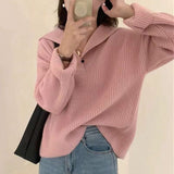 Women Knitwear Fall and Winter Lapels Solid Color Knitwear Loose Sweater