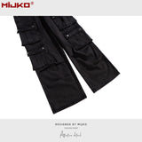 MIJKO Mens Vintage Pants Multi-pocket Wide-foot Bootcut Jeans