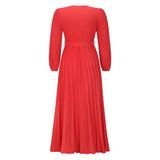 Women Date Dress V-neck Long Sleeve Pleated Dress