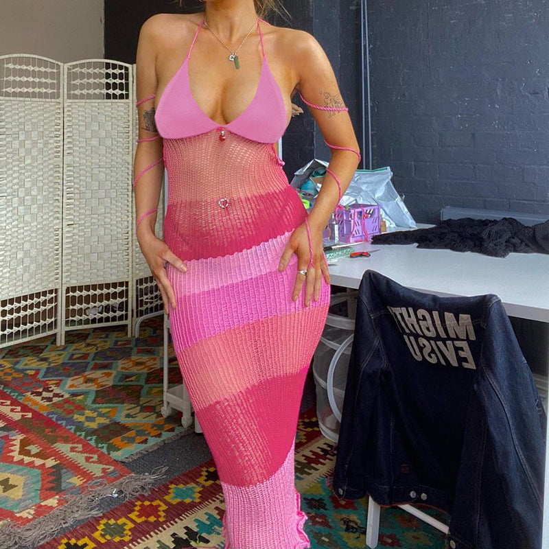 Women Dresses V-neck Brace Mesh Sexy Dress Backless Dress