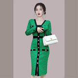 Women Maxi Dress Autumn Long Sleeve V-neck Buttons Knitted Dress