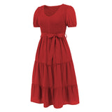 Women Date Dress V-neck Pleated Lace-up Dress