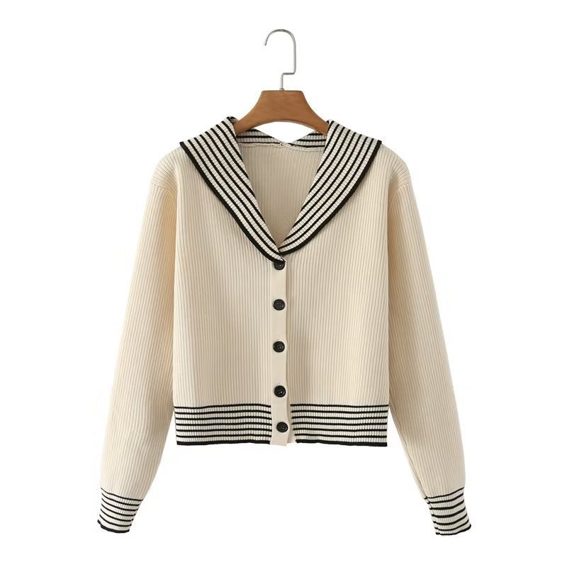 Women Sweater Knitwear Autumn Navy Style College Knitted Single-Breasted Contrast Color Cardigan