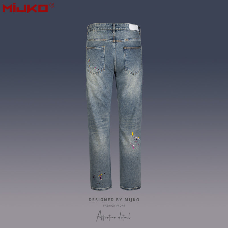 MIJKO Mens Vintage Pants Embroidery Embellished Slim-fitting Old Jeans