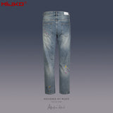 MIJKO Mens Vintage Pants Embroidery Embellished Slim-fitting Old Jeans