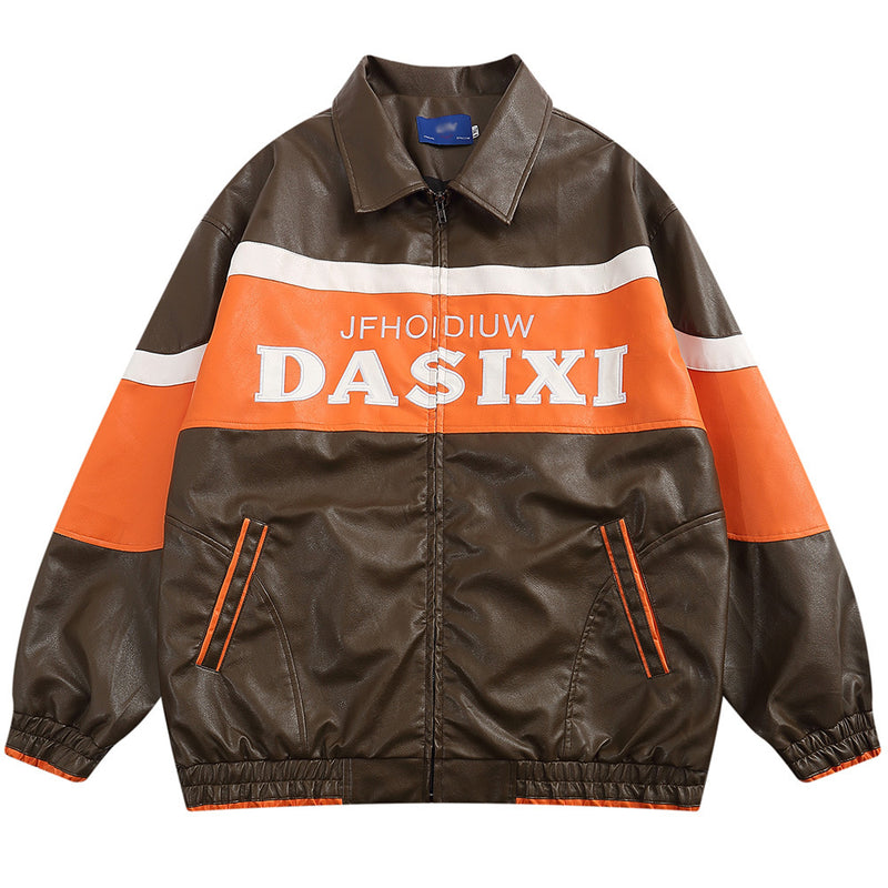 Men Jacket Coat Embroidery Motorcycle Clothing Men Autumn and Winter Loose Color Contrast Patchwork Polo Collar Jacket