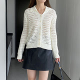 Women Cardigan Sweater Hollow out Sweater Cardigan Polo Collar Top Coat X3009
