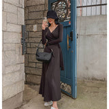 Women Dresses V-neck Bow Long Sleeve Dress