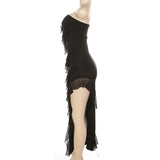 Women Dresses Summer Sexy Backless Slit Tassel Dress (Bla0420)