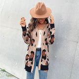 Women Knitted Sweater Fall Long Leopard Cardigan Knitted Sweater Coat