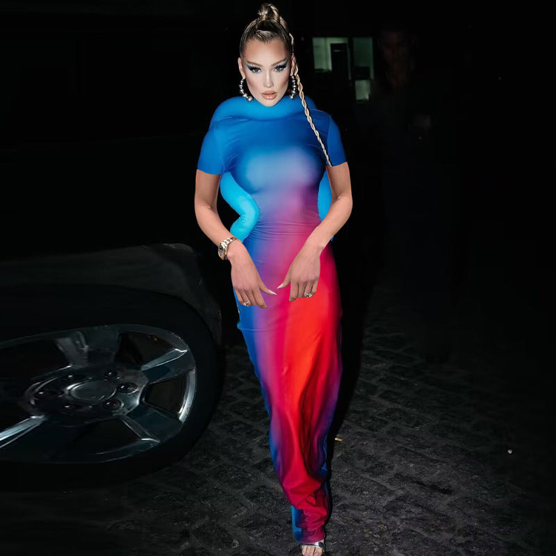 Women Dresses Summer Sexy Backless Slim Fit Printed Short Sleeve Dress