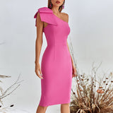 Women Evening Dress Bow Mid-Length Formal Dress Bandage One-Piece Dress