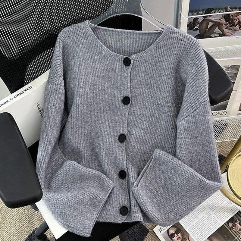 Women Knitwear Autumn and Winter round Neck Sweater Loose Knitted Cardigan