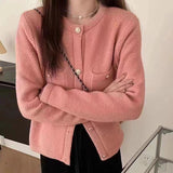 Women Knitwear Autumn Winter Retro Crew Neck Sweater Slim-Fit Knitted Cardigan