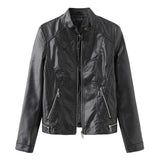 Red Leather Jacket Casual Leather Jacket Spring and Autumn Women's Leather Jacket Long Sleeve Zipped Stand Collar Coat