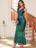 Women Evening Gown Sexy V-neck Vintage Party Sequins Dress