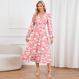 Women Date Dress Floral Dress Autumn and Winter V-neck A- line Skirt