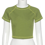 Women T-shirt Summer Sexy Midriff-Baring Top round Neck Short Sleeve T-shirt