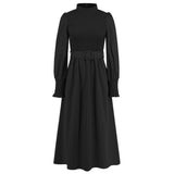 Women Date Dress Stand Collar Long Sleeve Skirt