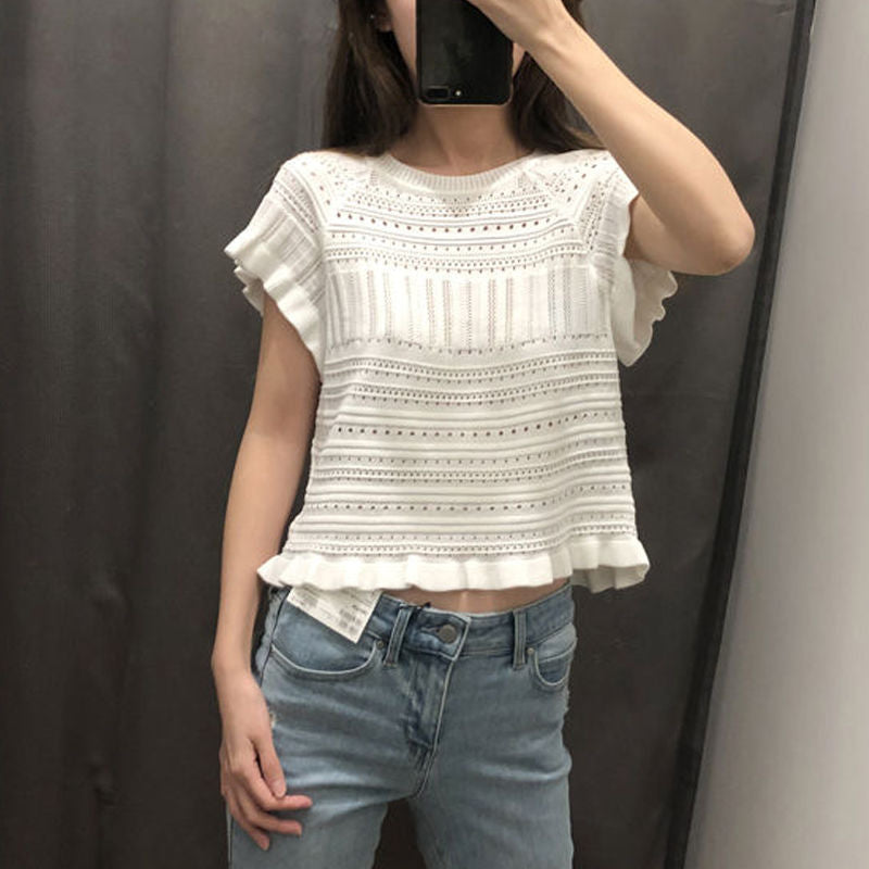 Women Sweater Knitwear Hollow out Thin Knitted Short Sleeve T-shirt Top