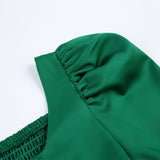 Women Dress Green Satin Waist Princess Dress Women Elegant Puff Sleeve Dress