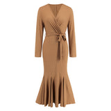 Women Date Dress Knitted Long Sleeve V-neck Lace-up Fishtail Skirt