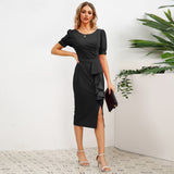 Women Date Dress round Neck Pleated Lace Dress
