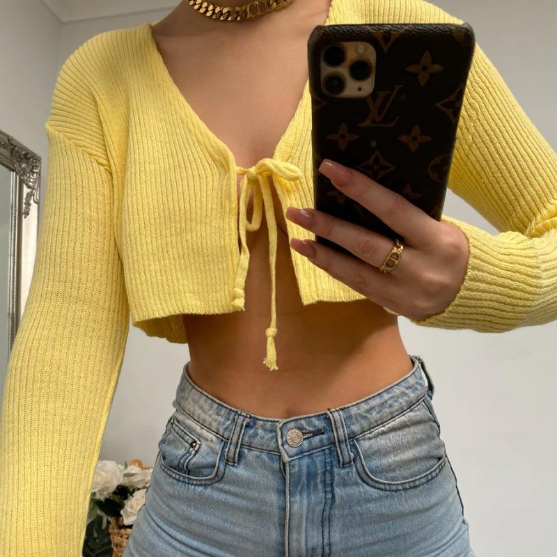 Women Knitted Sweater Autumn Winter Sexy Long-Sleeved, Slim-Fit, Short Cropped Lace-up Knitted Cardigan
