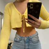 Women Knitted Sweater Autumn Winter Sexy Long-Sleeved, Slim-Fit, Short Cropped Lace-up Knitted Cardigan