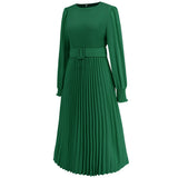 Women Date Dress Fall/Winter Slim Long Sleeve round Neck Pleated Long Dress