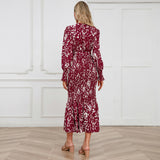 Women Date Dress Long Dress Leopard Print V-neck Belt Printed Fishtail Skirt