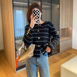 Women Knitted Cardigan round Neck Striped Knitted Cardigan Sweater Coat