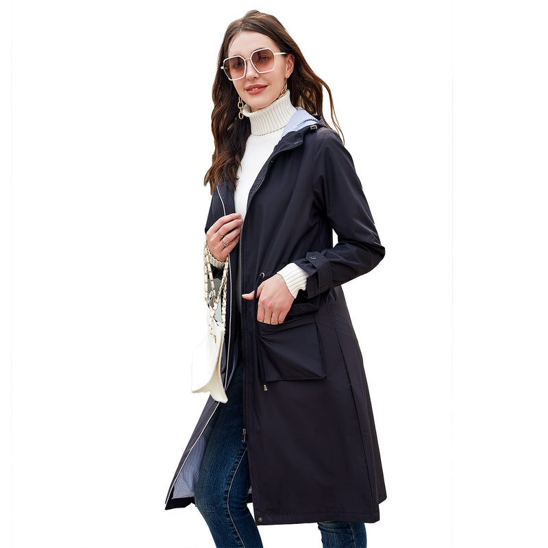Women's Trench Coat Autumn Long Casual Trench Coat Women's Waterproof Hooded Straight Coat