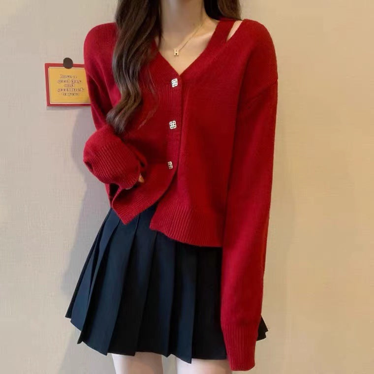 Women Knitwear Spring and Autumn Hollow Loose V-neck Knitted Cardigan Coat