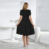 Women Date Dress V-neck Pleated Lace-up Dress