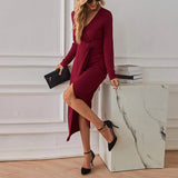 Women Dress V-neck Dress Sexy Slit Long Sleeve Dress