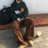 Women Knitted Pullover Vintage Flower round Neck Autumn and Winter Loose Flower Knitwear Sweater