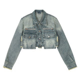 Women Jacket Ripped Short Denim Jacket Autumn Zipper Decorations Jacket
