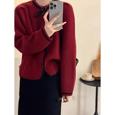 Women Knitted Cardigan Sweater Coat Female Autumn Loose Knitted Cardigan Bow Top
