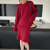 Women Knitted Two-Piece Set Knitted Tassel Sweater Dress Skirt