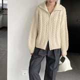 Women Cardigan Sweater Coat Long Sleeve Loose Zip Turn-down Collar Coat L1216