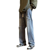 Men Jeans Vintage Patch Straight-Leg Pants Spring Baggy Pants