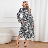 Women Date Dress Long Sleeve Dress Autumn and Winter Stand Collar Leopard Print Printed Dress Long Dress