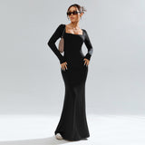 Women Dress Black Knitted Long Sleeve Narrow Long Dress with Square Collar